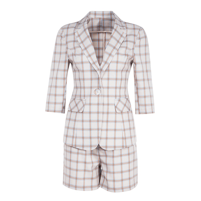 晚白 新品翻领格子西装上衣高腰短裤职业通勤两件套
