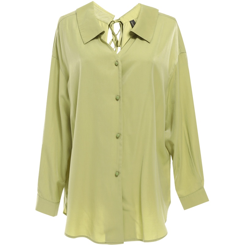 欧昵雪设计感后背镂空蝴蝶结绑带前短后长衬衫女长袖上衣