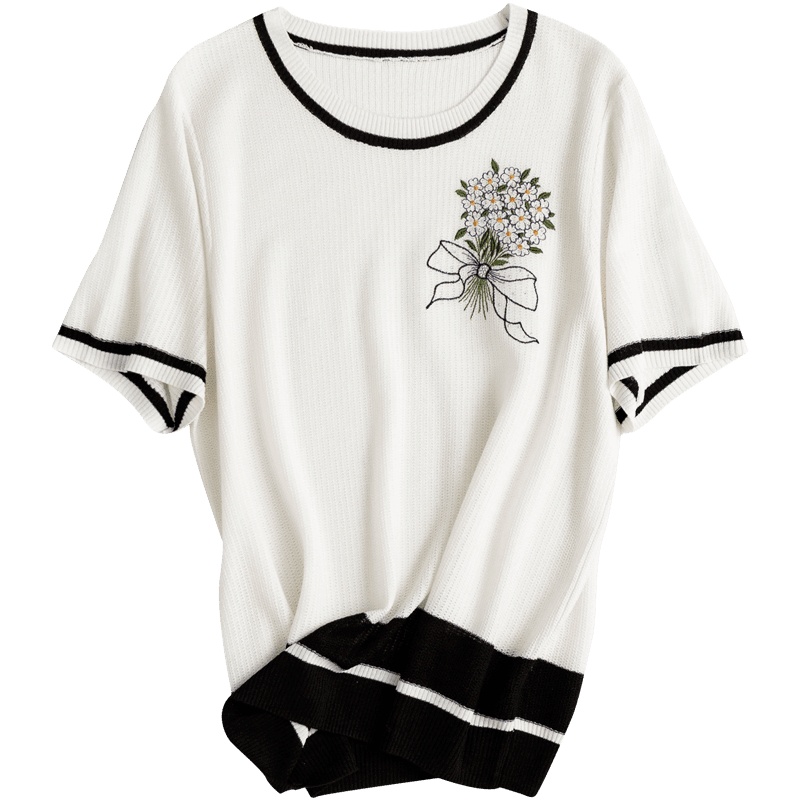 恒源祥夏装新款针织衫女中年刺绣短袖T恤圆领宽松妈妈装上衣