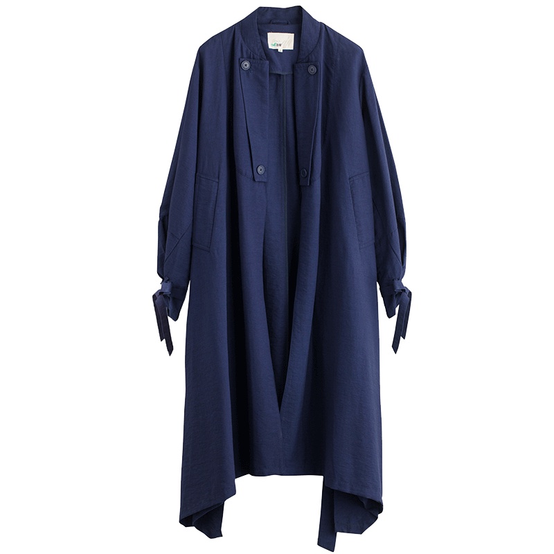 茵曼秋装新款立领收腰宽松中长款风衣外套女