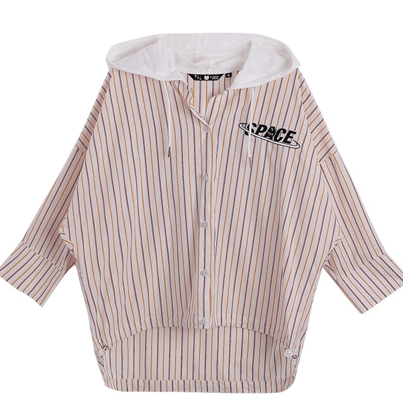 a02商场同款潮流少女卡通印花连帽条纹衬衫女D1U5A0031BL