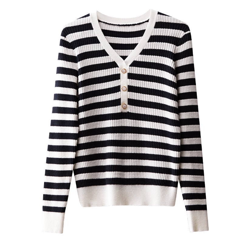 OSA欧莎v领条纹打底针织衫上衣女春秋2021年新款洋气毛衣内搭上衣