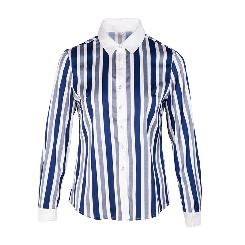 晩白 新款职业通勤条纹翻领单排扣长袖上衣衬衫