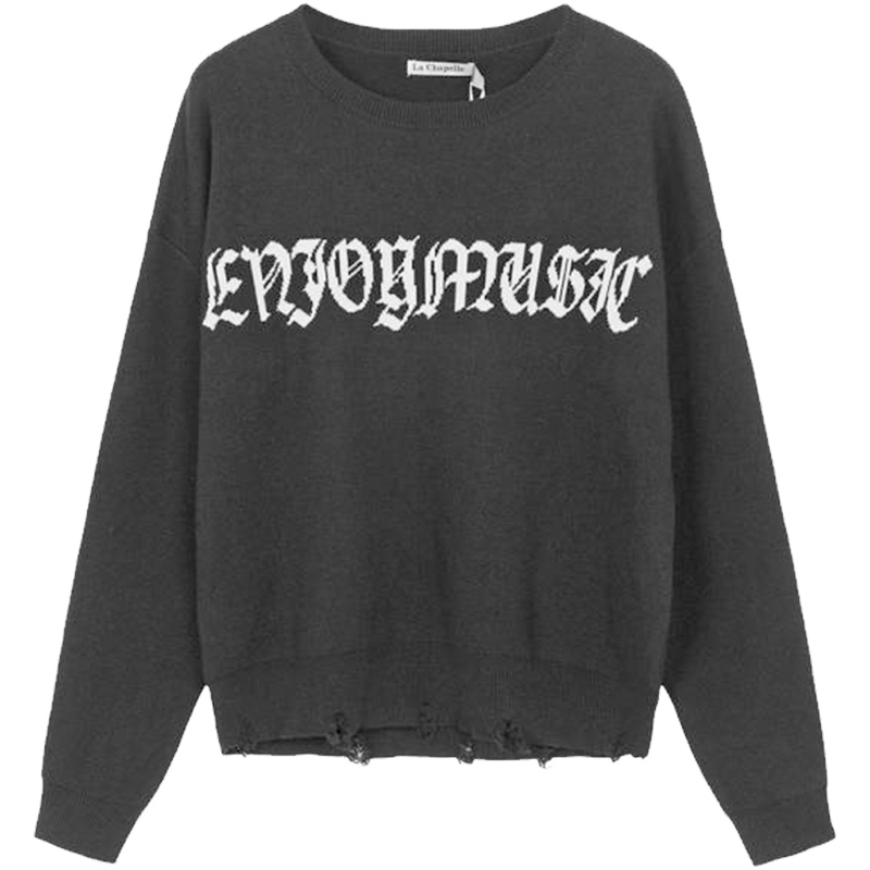 【热卖】字母黑色毛针织衫女装拉夏贝尔早秋季韩版学生套头百搭宽松打底衫10015615