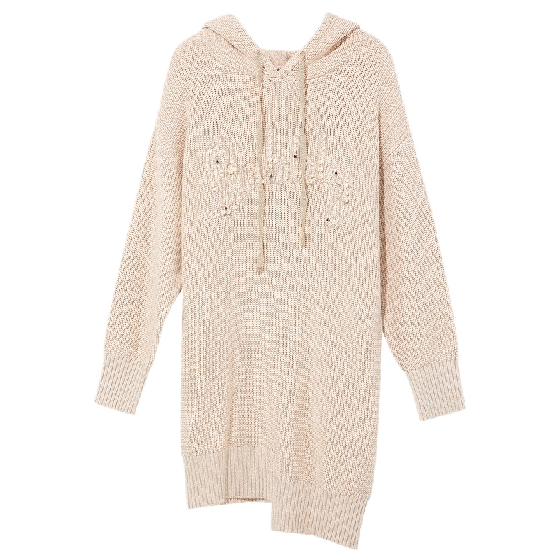 三彩2020冬季新款抽绳连帽不对称针织裙字母钉珠卫衣式连衣裙女