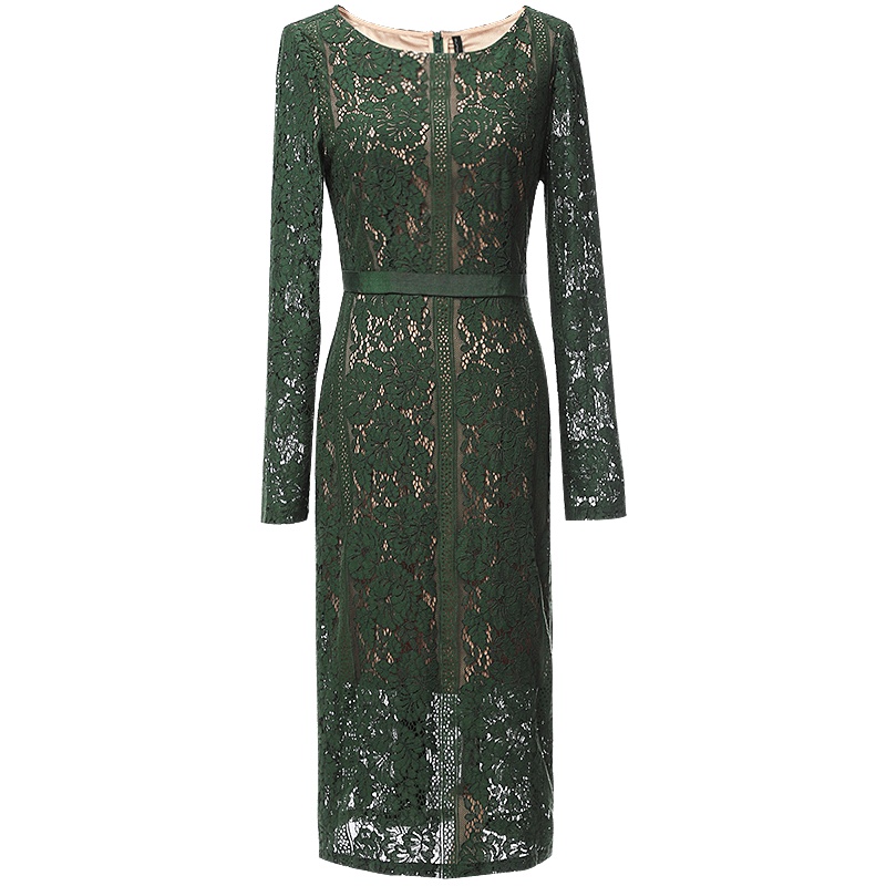 欧昵雪秋装圆领套头长袖收腰镂空蕾丝连衣裙女开叉中裙