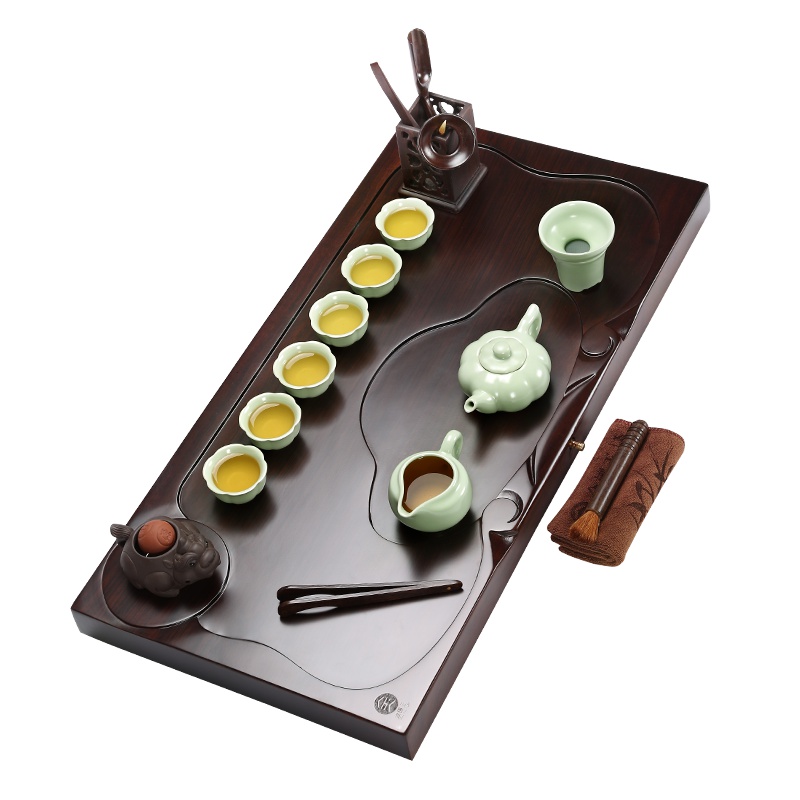 金镶玉 功夫茶具套装 实木茶盘茶具 紫砂茶宠茶壶茶海茶台黑檀整版 财源西施