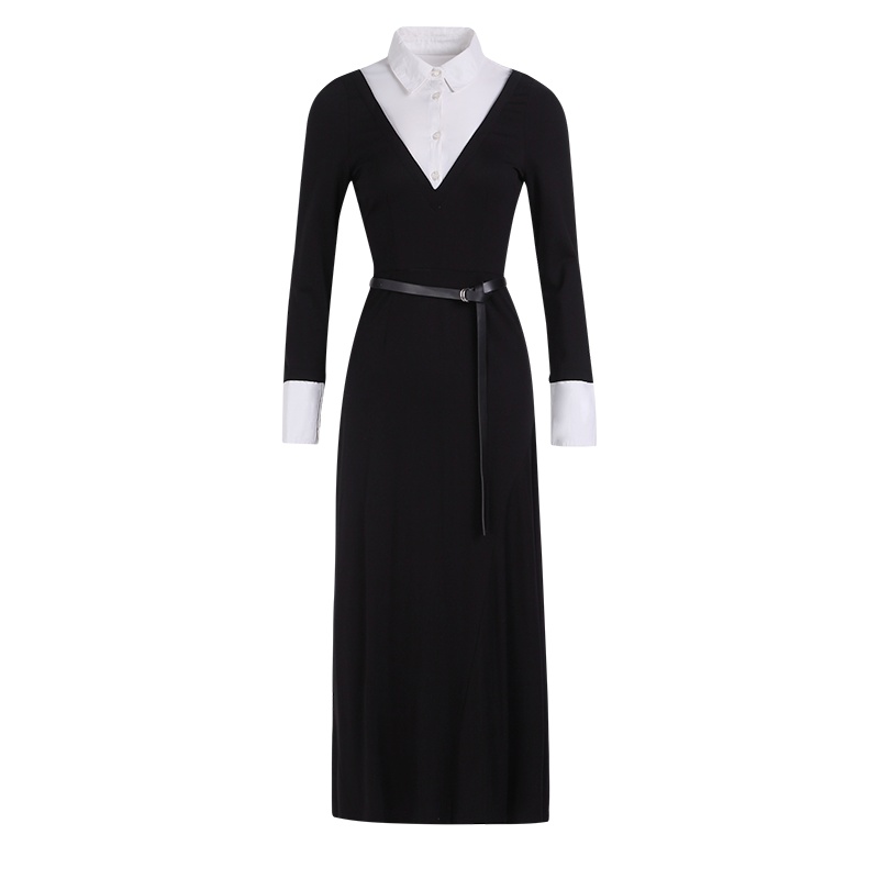 晚白2019秋季新品时尚通勤假两件长袖收腰显瘦长款A字连衣裙女