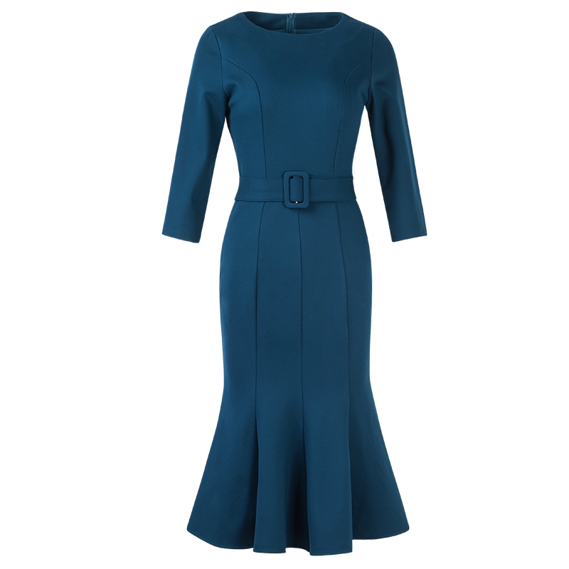 晚白2020秋季时尚通勤简约纯色圆领收腰中长款包臀裙鱼尾连衣裙女