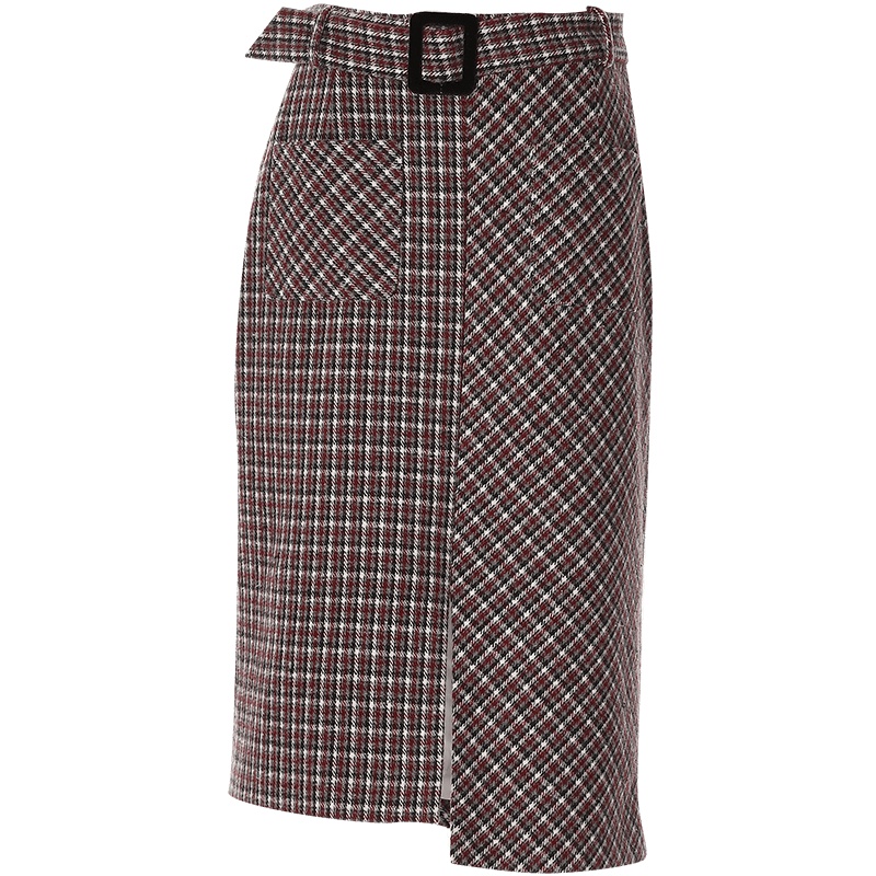 欧昵雪高腰毛呢格子半身裙女不对称开叉一步包臀裙子