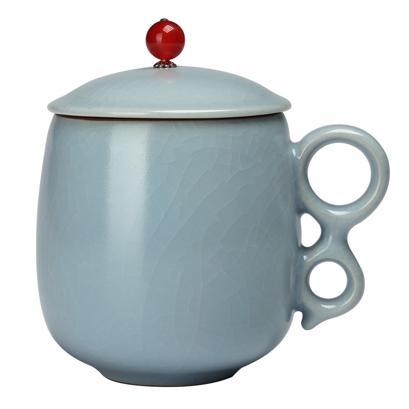 常生源 陶瓷个人杯 仿宋汝窑 开片 泡茶杯主人杯 办公室 过滤杯 带盖 臻诚手把杯