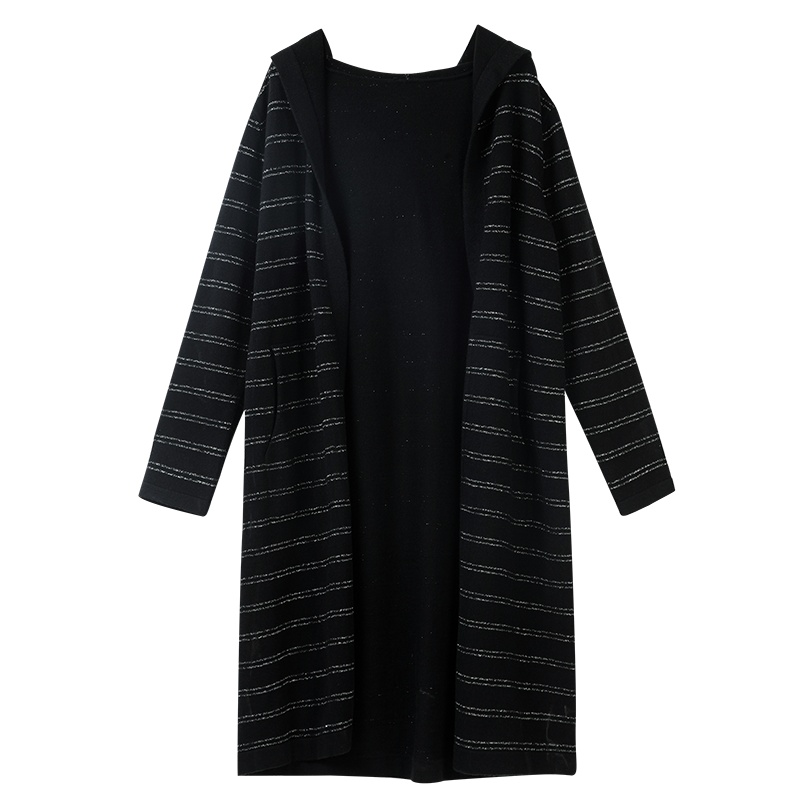 晩白 新品气质简约优雅V领条纹中长款针织衫开衫上衣