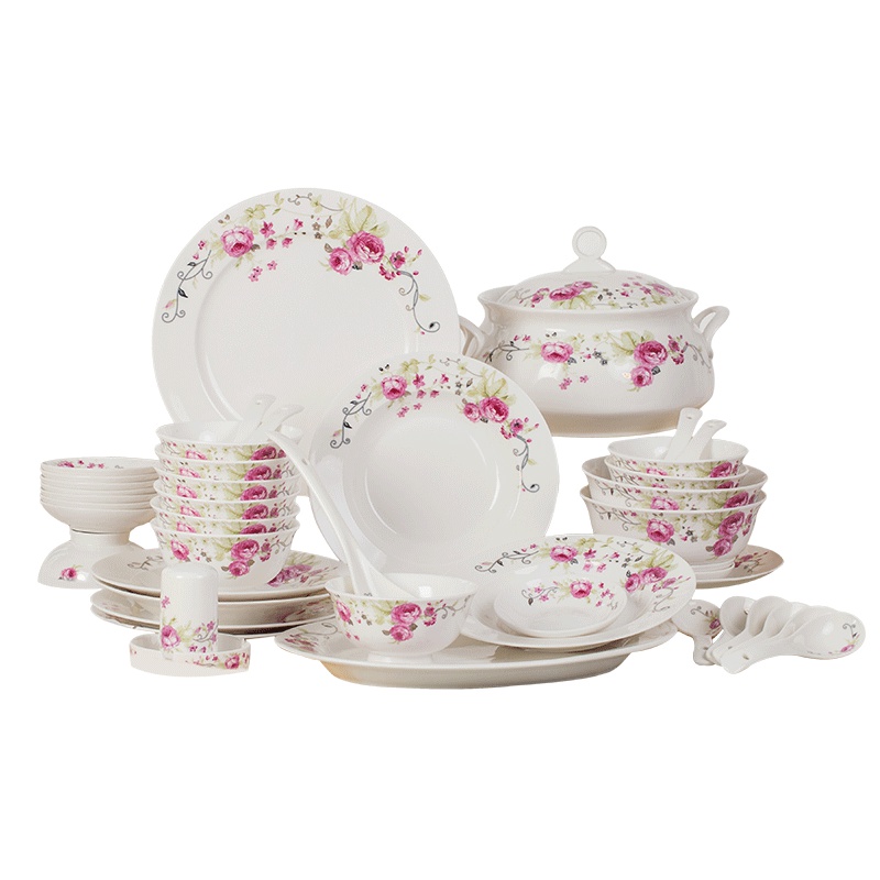 富昱景 餐具套装56头国产景德镇陶瓷欧式骨瓷碗碟盘套装 钩藤玫瑰