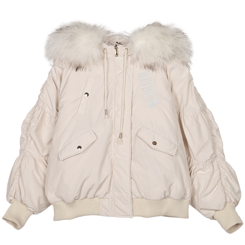 a02新款时尚字母刺绣毛领连帽短款泡泡袖羽绒服女DTU5B0231JK