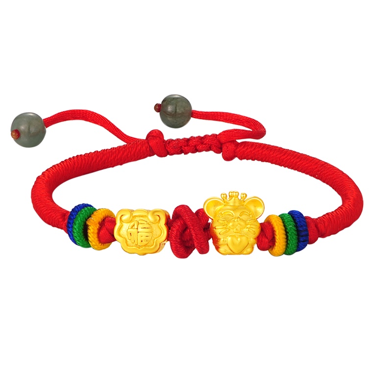 蒂蔻 福鼠生肖黄金手链宝宝款福锁小老鼠3D硬足金转运珠编织手绳新年礼物送婴儿小孩子