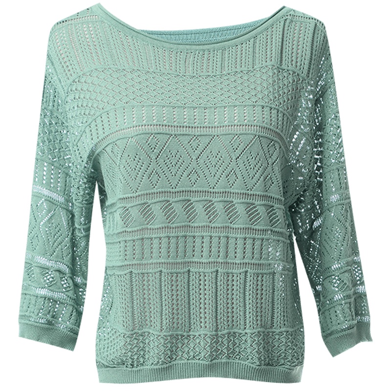 欧昵雪勾花镂空五分袖圆领套头针织衫女短款中袖上衣