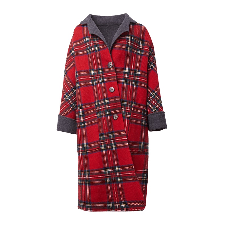 晚白2020冬季新品减龄格子英伦范翻领长袖休闲百搭羊毛大衣外套女