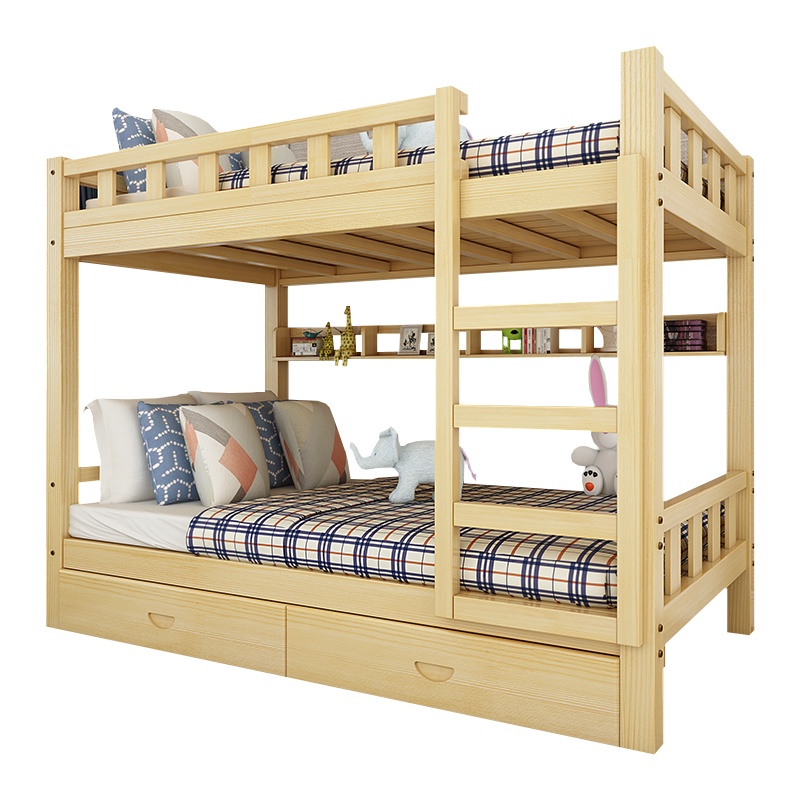 全简实木双层床公寓宿舍双层床简易上下铺床带书架抽屉