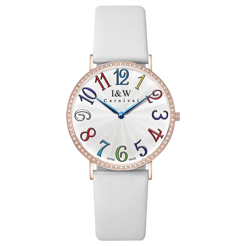 瑞士正品IW手表爱沃驰女士手表时尚休闲超薄石英女表皮带女表数字镶钻防水腕表新款女表