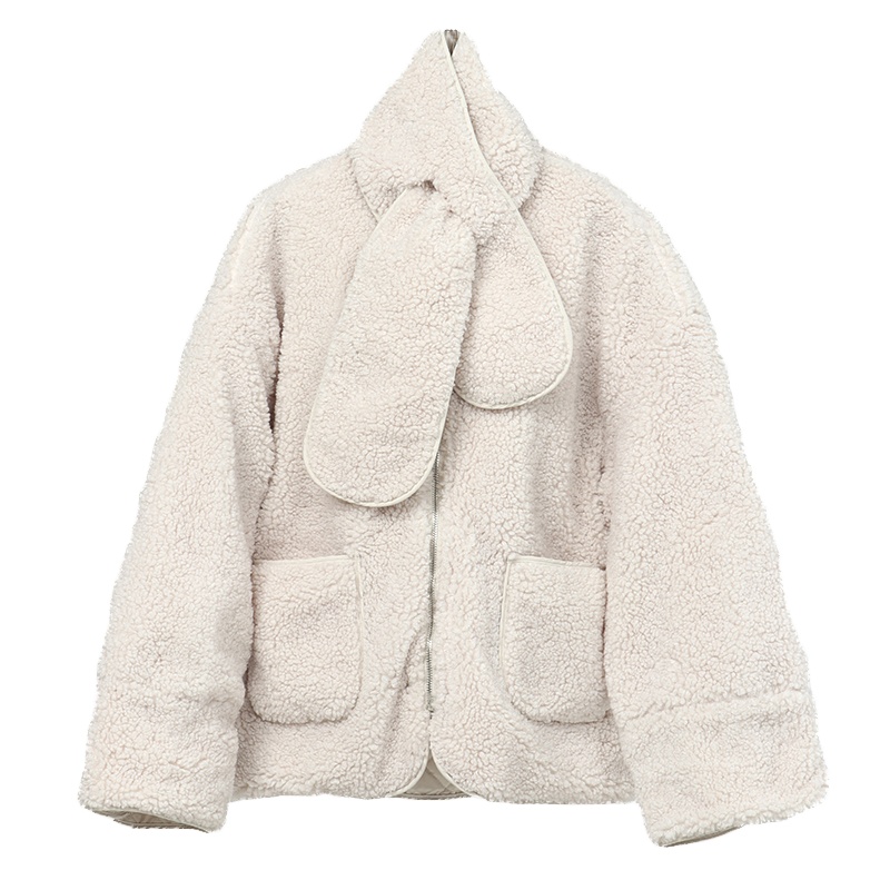 ENJOY'ME女装2019冬季新品温柔带围脖两面穿羊羔毛外套