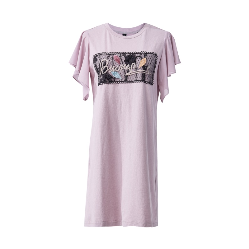 欧昵雪夏季时尚绣花雪纺飞飞袖拼接宽松纯棉T恤连衣裙女短袖