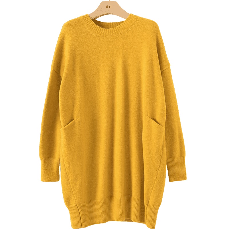 晚白2021春季新品通勤简约纯色百搭圆领长袖中长款毛衫针织衫女