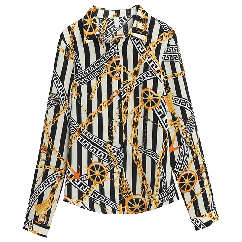 恒源祥衬衫女早春长袖撞色条纹衬衣OL上衣单排扣复古印花