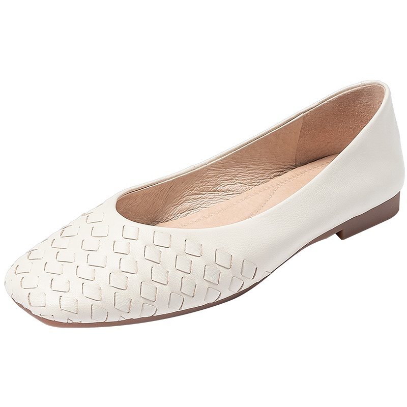 百田森春季新款奶奶鞋女编织平底软底女鞋时尚方头羊皮单鞋女