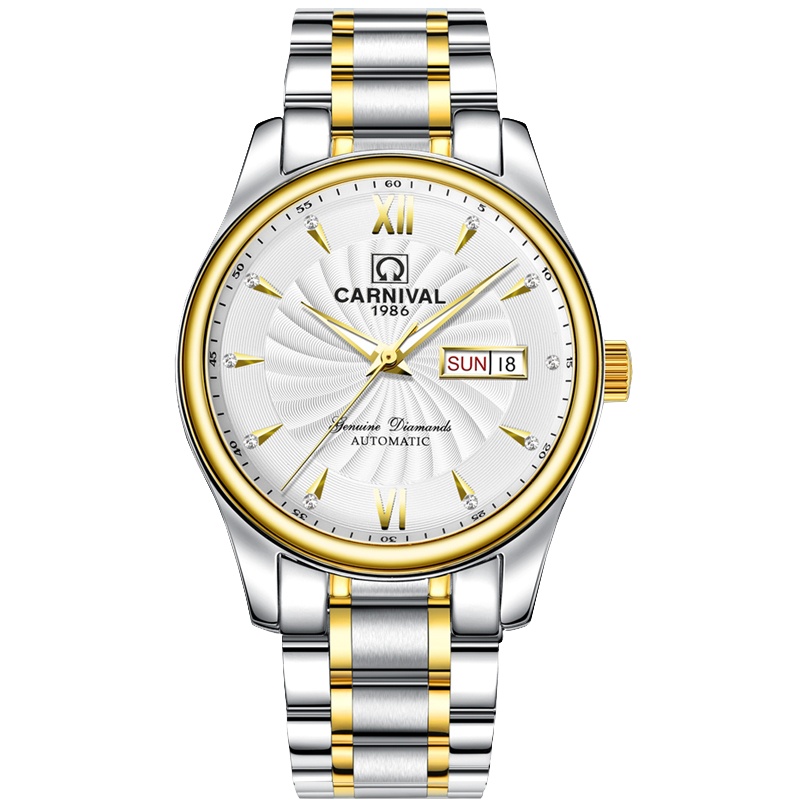瑞士嘉年华Carnival手表男士全自动机械表 男双日历显示防水夜光男表金属精钢腕表休闲时尚大三针旋风系列8670G