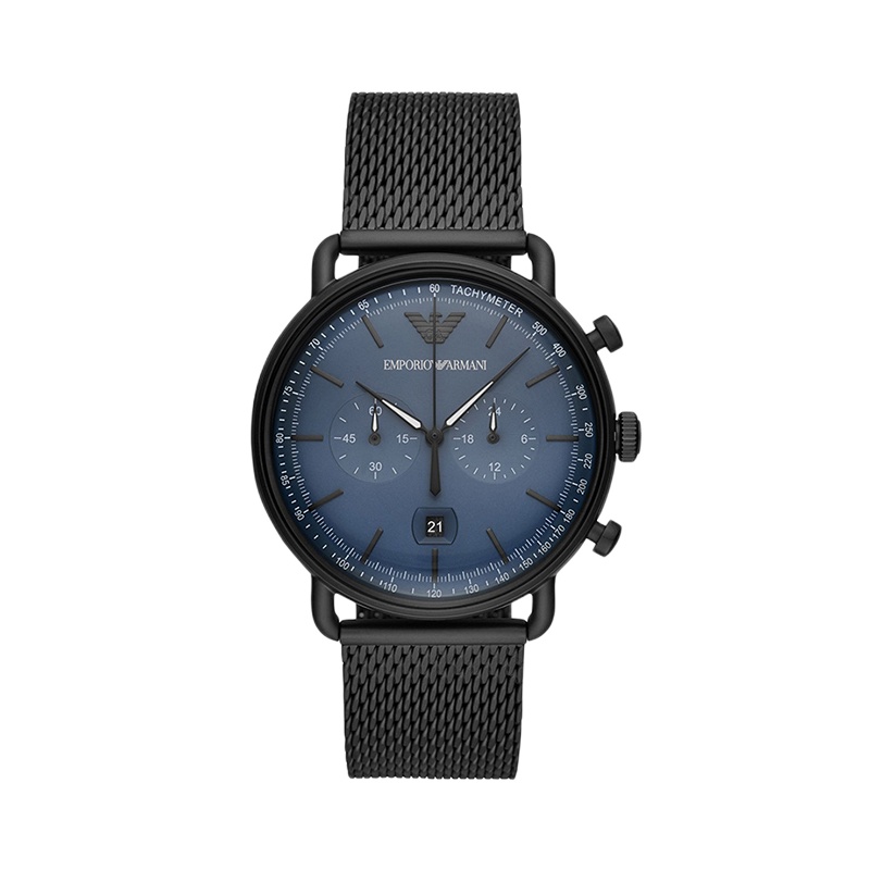 阿玛尼(Emporio Armani)男士腕表黑色钢带蓝色表盘手表AR11201