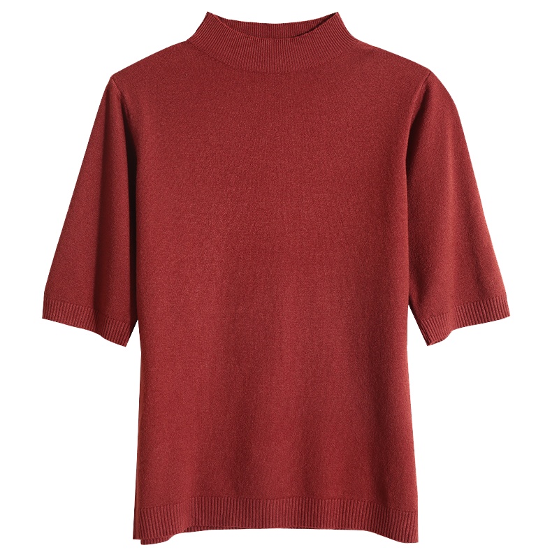 2021秋冬季绒媛RE1018五分袖针织衫女半高领短款套头短袖打底衫新款百搭时尚韩范
