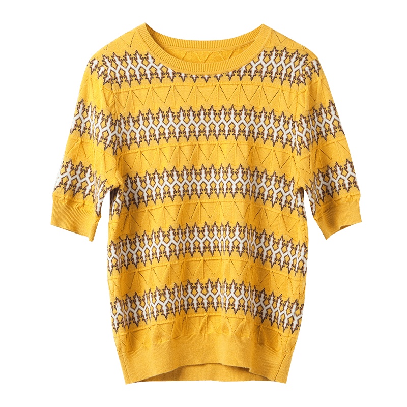 晚白2019秋季新品圆领印花条纹常规款短袖上衣套头针织衫羊毛衫女