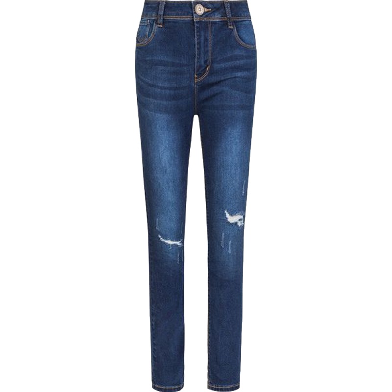 拉贝缇秋装牛仔裤韩版简约中腰显瘦直筒铅笔九分裤破洞60005966