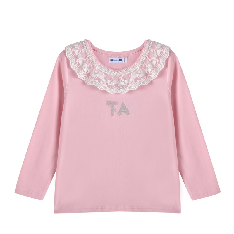 铅笔俱乐部童装2020秋季新款女童圆领长袖T恤蕾丝领儿童上衣印花
