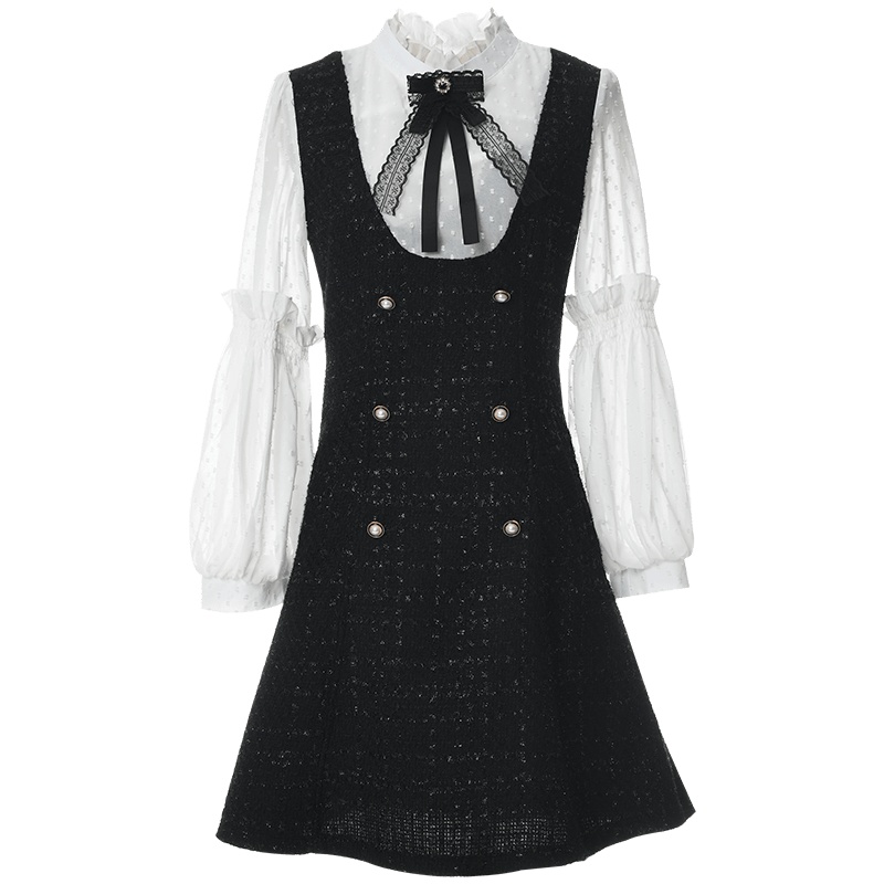 欧昵雪冬装立领拼接雪纺长袖收腰粗花呢连衣裙女假两件