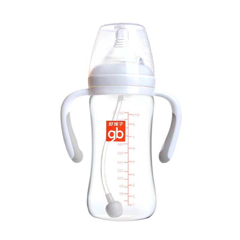 好孩子gb母乳实感宽口径握把吸管玻璃奶瓶260ml 适合6个月以上宝宝