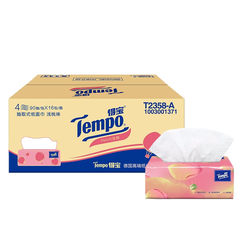 得宝(Tempo) 抽纸 4层90抽*16包 面巾纸餐巾纸巾 甜心桃味-新老款随机发货（整箱销售）