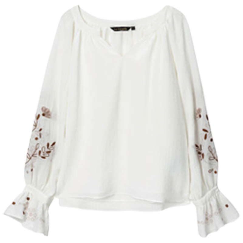 【专柜同款】拉夏贝尔秋冬新款刺绣套头喇叭袖百搭长袖时尚绣花衬衫女10018543