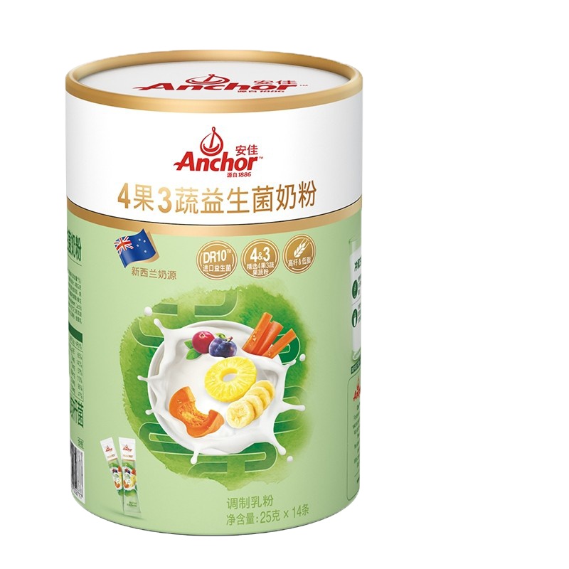 安佳(Anchor)低脂高钙奶粉 4果3蔬益生菌奶粉 独立小包装 25g*14条/罐