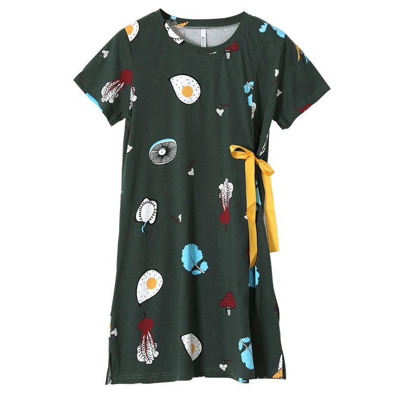 红豆居家Hodohome睡裙女春夏纯棉薄款可爱系带短袖T恤睡衣家居服套装