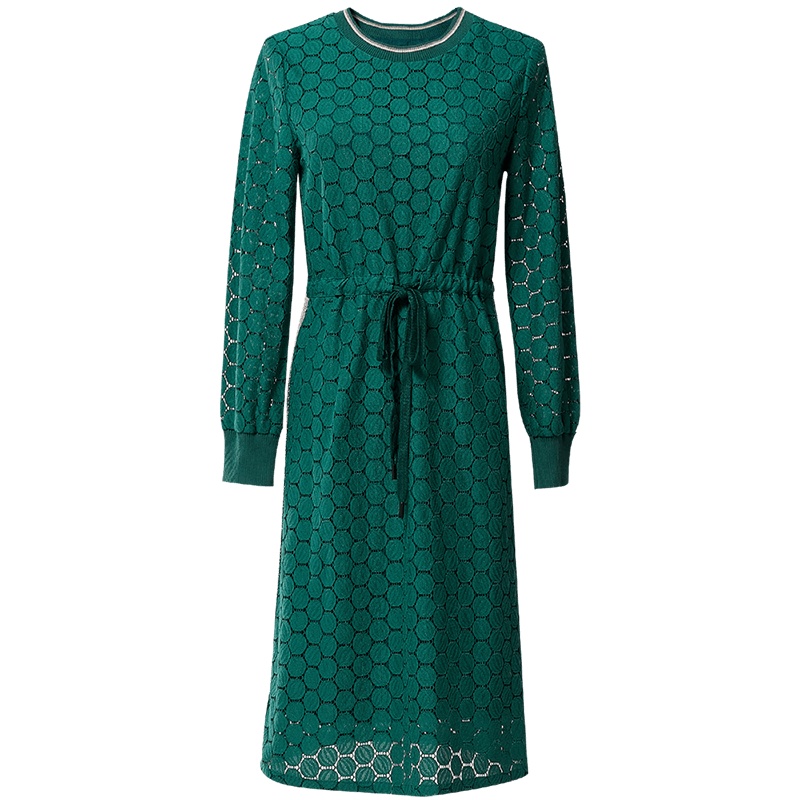 欧昵雪撞色圆领收腰系带蕾丝连衣裙女高腰显瘦中长裙