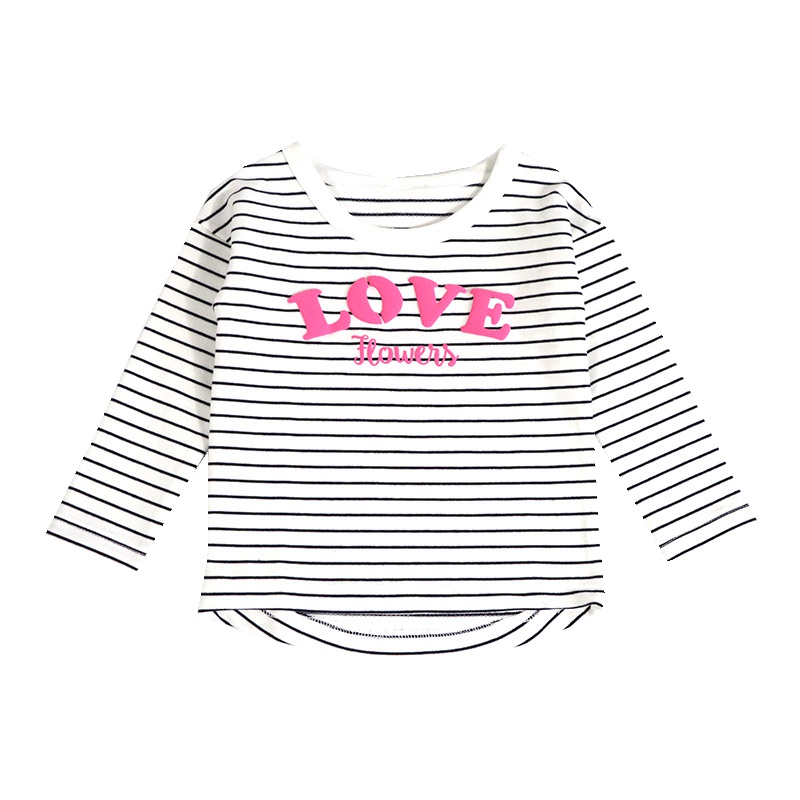 安笛贝乐童装中小女童春装长袖上衣宝宝T恤圆领纯棉儿童春秋白色条纹女童打底衫90-130cm
