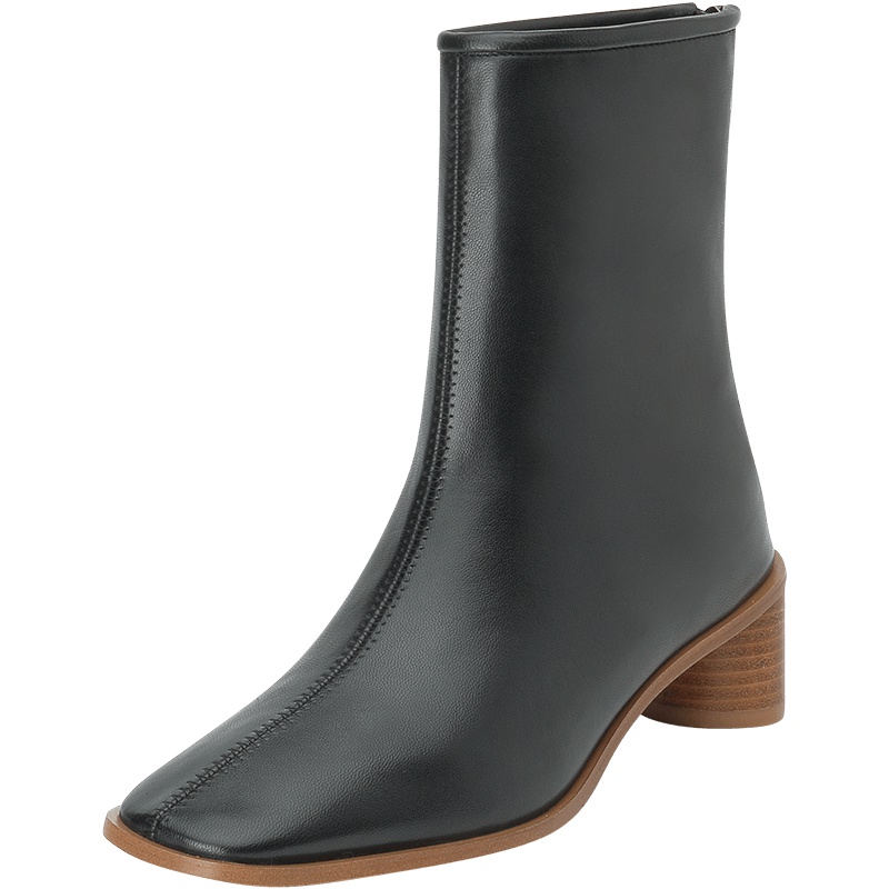 思加图2019冬季新款粗跟后拉链羊皮中靴女皮靴D1907DZ9