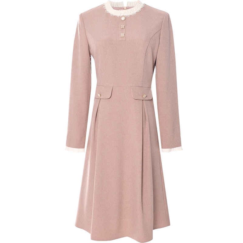 欧昵雪减龄花边圆领收腰显瘦连衣裙女长袖中裙子