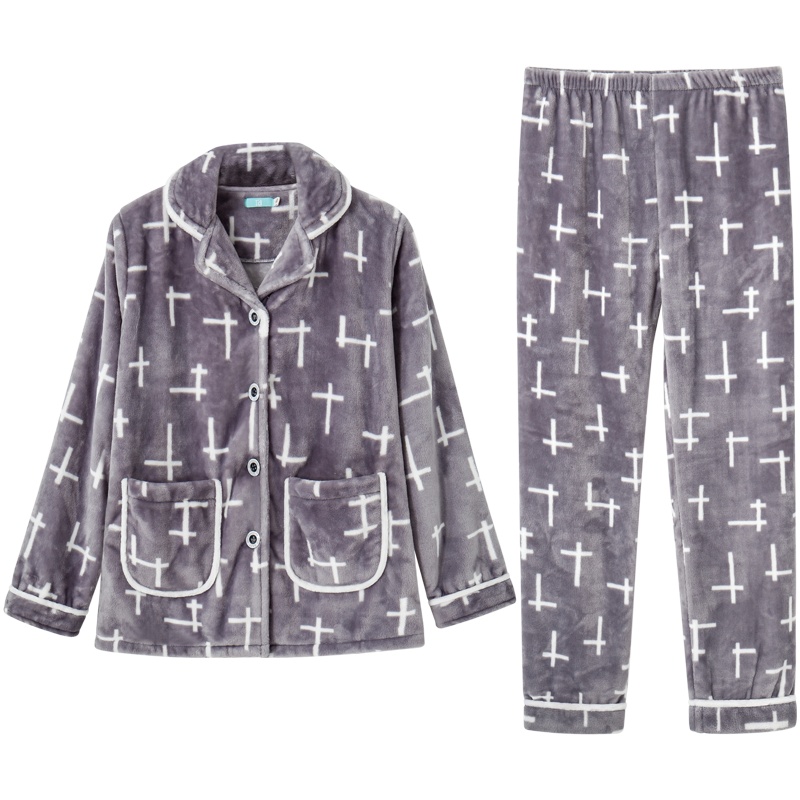 爱帝情侣居家服女加绒中厚法兰绒家居服男套装珊瑚绒保暖外穿睡衣