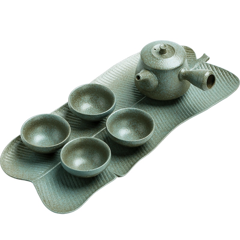 青石釉侧把壶泡茶器日式茶盘功夫茶具套装陶瓷干泡家用茶杯 青石侧把壶干泡6头(芭蕉盘)