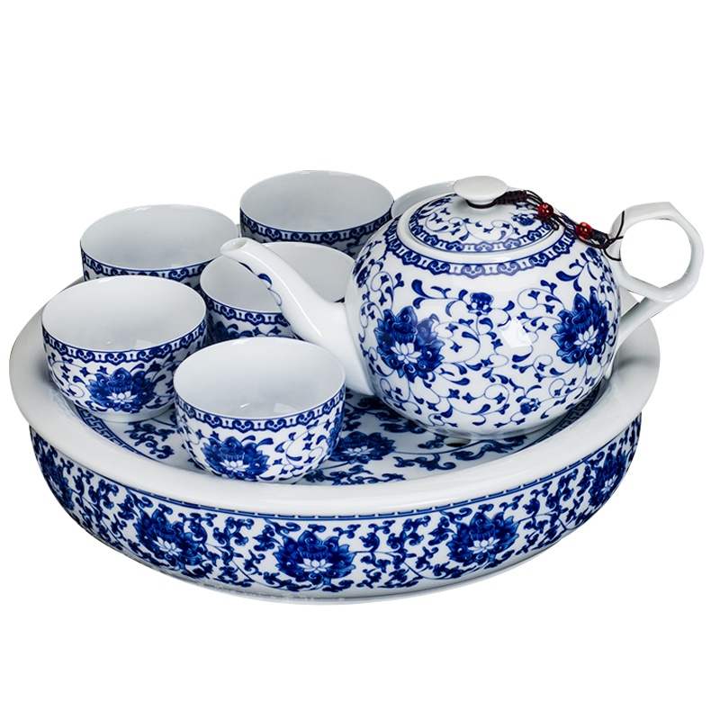 瓷物语CIWUYU家用茶具1000ML 陶瓷大茶壶单壶耐热防暴景德镇青花瓷薄胎瓷（（ 洋莲一壶六杯 ）