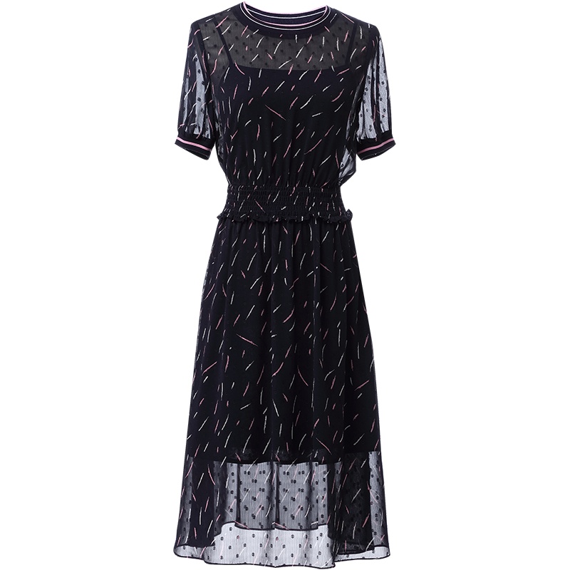 欧昵雪撞色圆领印花雪纺连衣裙女中长款吊带裙两件套