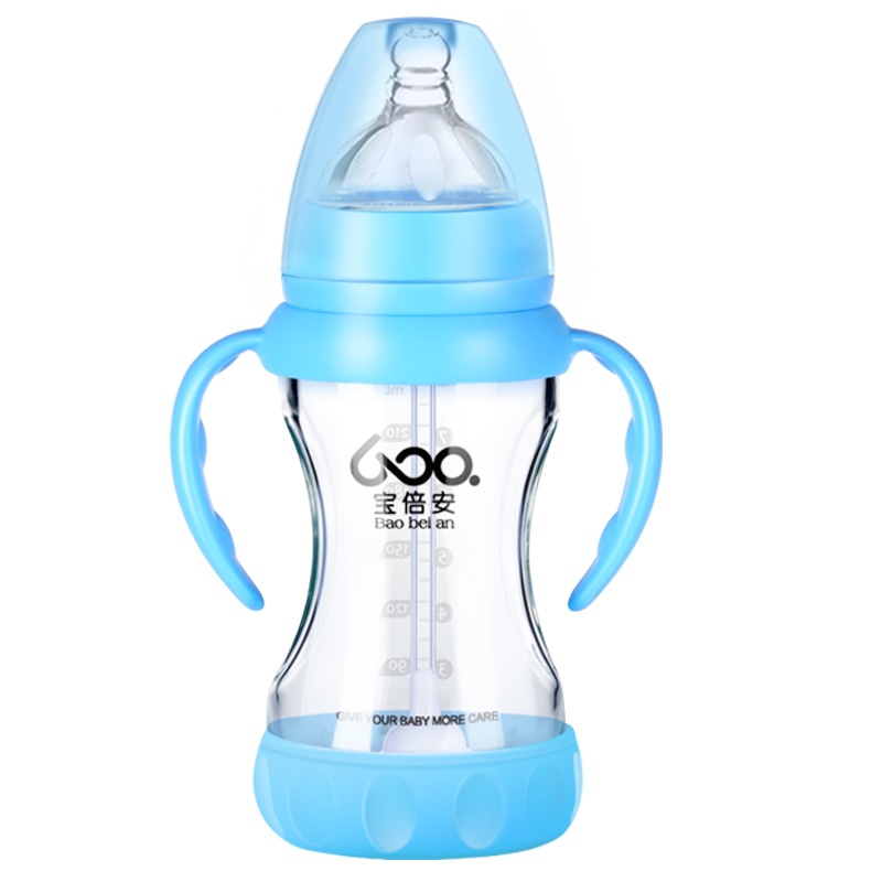 宝倍安(Bao bei an)婴儿防摔防爆耐高温宽口径硼硅玻璃奶瓶带手柄240ml蓝色 十字奶嘴