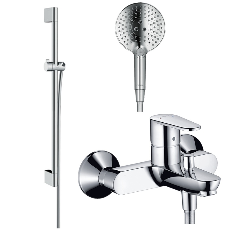 汉斯格雅飞雨淋浴花洒套餐按键手持27610007+26521407+31642007 花洒+升降杆+龙头